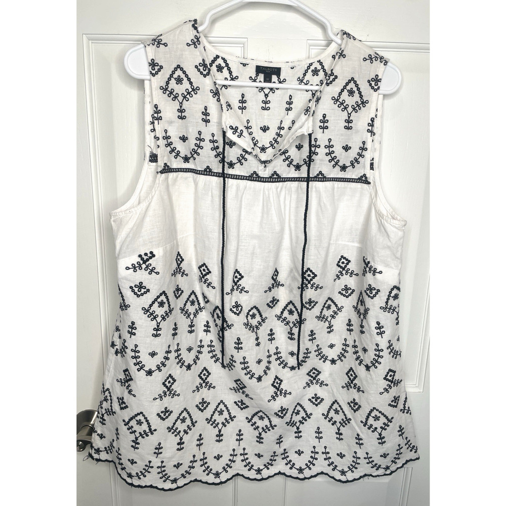 Talbots White Sleeveless Embroidered Boho Blouse with Black Detailing